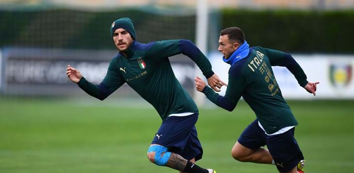Azzurri a Coverciano. Seduta sul campo per i giocatori non impiegati o impiegati parzialmente contro la Spagna
