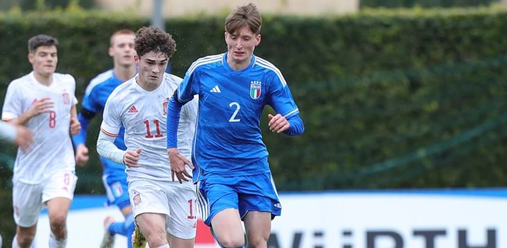 Bovo scores Italy’s first goal in the new adidas shirt but Spain win 3-1
