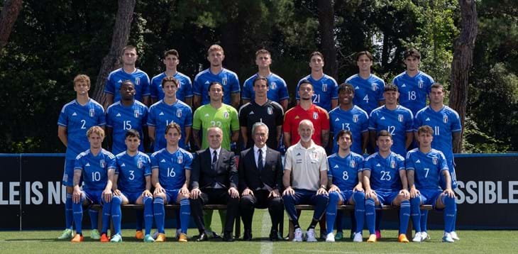 Euro 2023 photoshoot for the Azzurrini in adidas kit and Emporio Armani suits