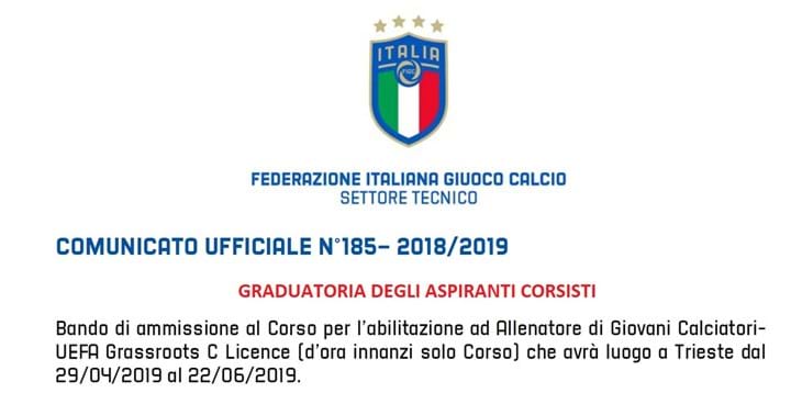 Corso Allenatori UEFA C di Trieste - pubblicazione della graduatoria